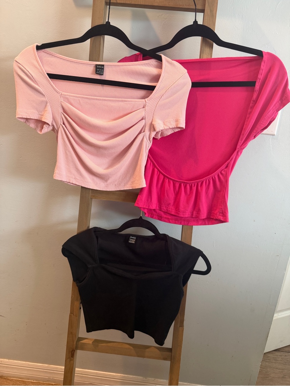 SHEIN Three-Pack Crop Tops in Light Pink, Hot Pink & Black